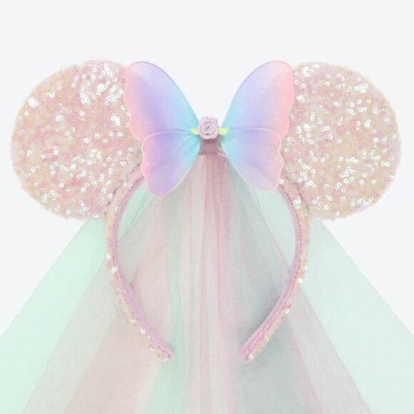 Disney Parks Butterfly Fairy Minnie Mouse Ears Iridescent Pink Sequin with Veil - Picture 1 of 10